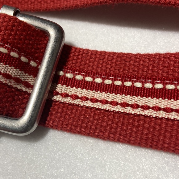 Red Web Belt with Silver Tone Metal Buckle and Leather End. 46”L X 1.5”W. NWOT - Picture 3 of 6